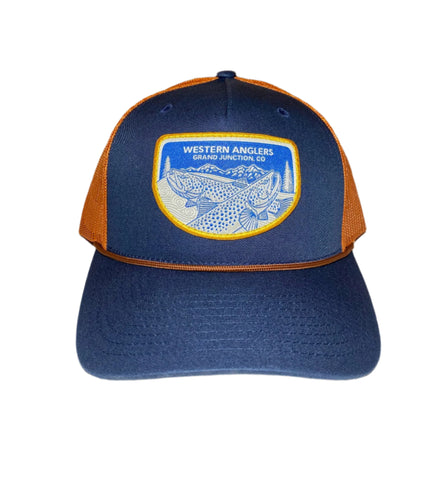 Western Anglers - Richardson Trucker Hat - Midnight Sippers Woven Patch -Navy/Orange